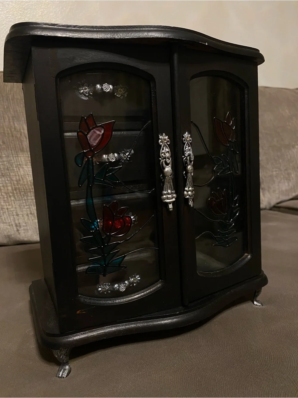 Vintage Hand Painted Black Wooden Jewelry Armoire with Stained Glass Doors